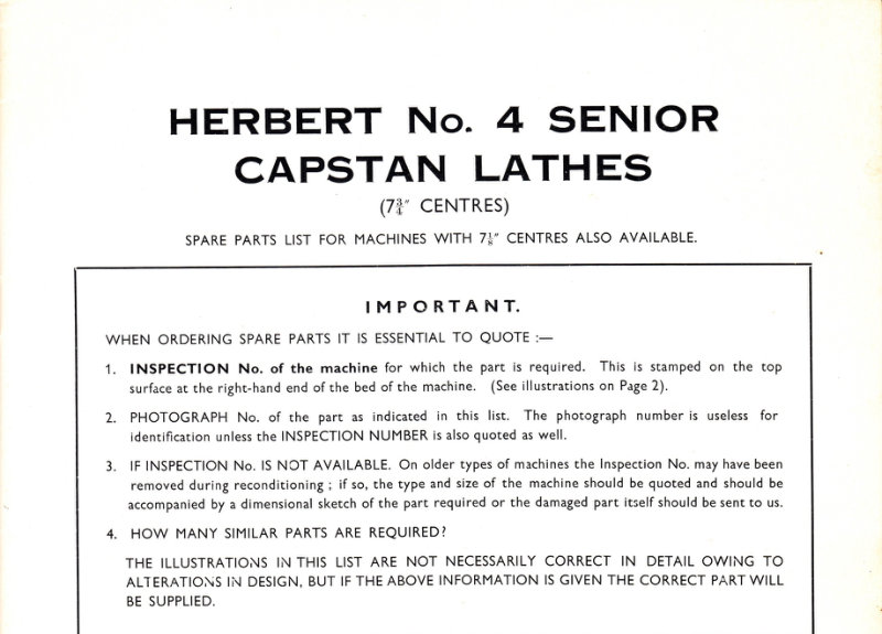 Herbert No. 4 Senior Capstan Lathes Parts List