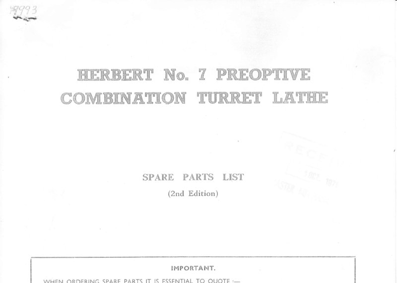 Herbert No. 7 Preoptive Combination Turret Lathe Parts List