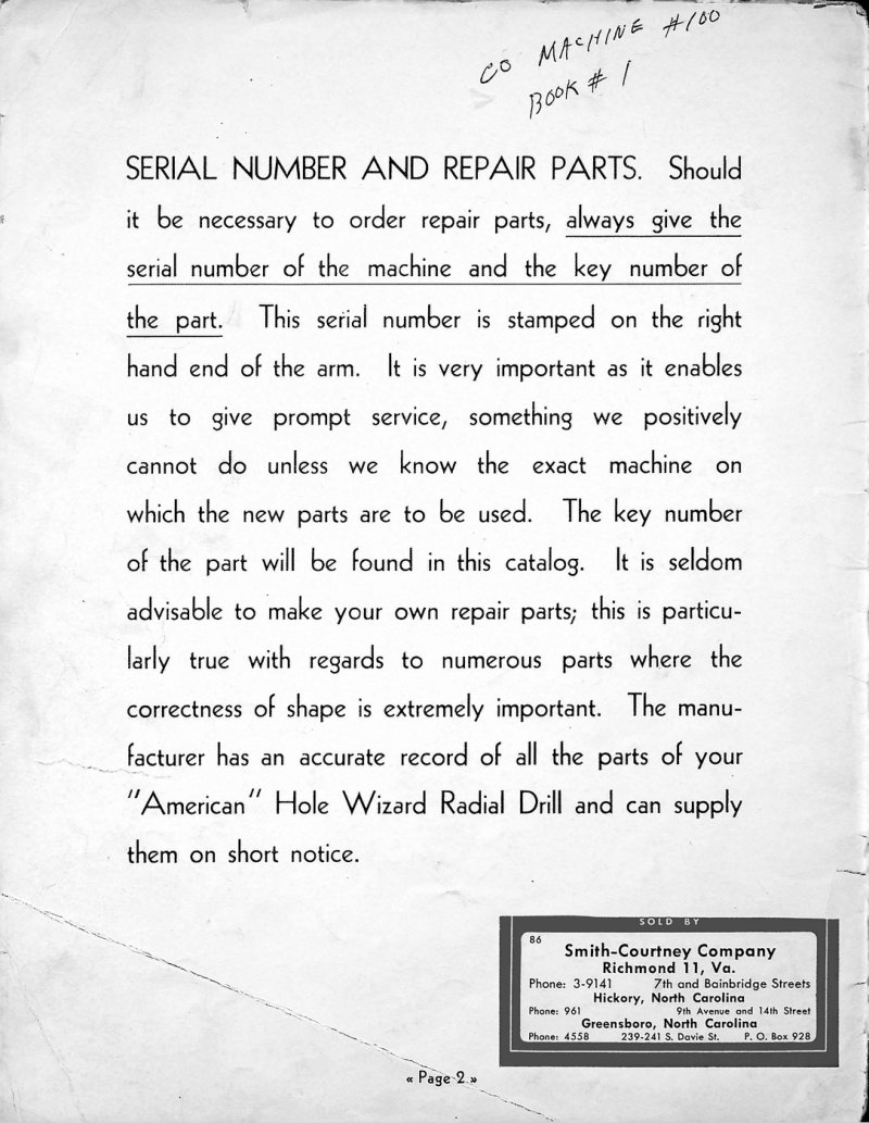 American Hole Wizard Radial Drills Parts List