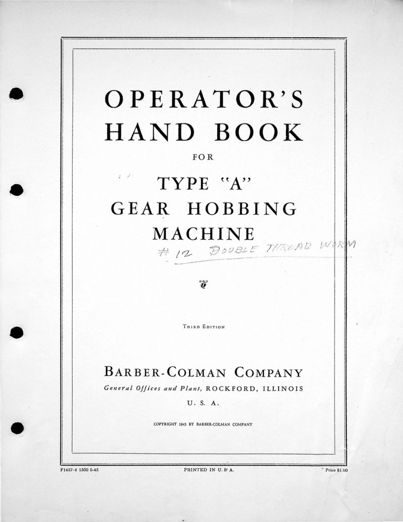 Type A Gear Hobbing Machine Operator's Handbook