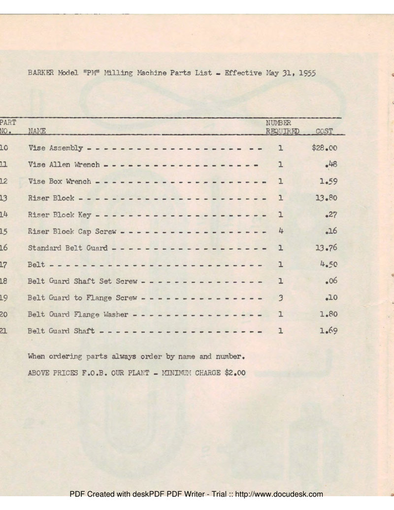 Barker Model P.M. Milling Machine Parts List