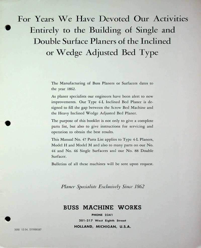 Type 4L Inclined Bed Planers Parts List and Manual