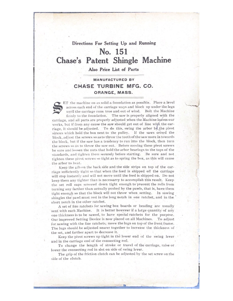 Chase Patent No. 151 Shingle Machine Manual