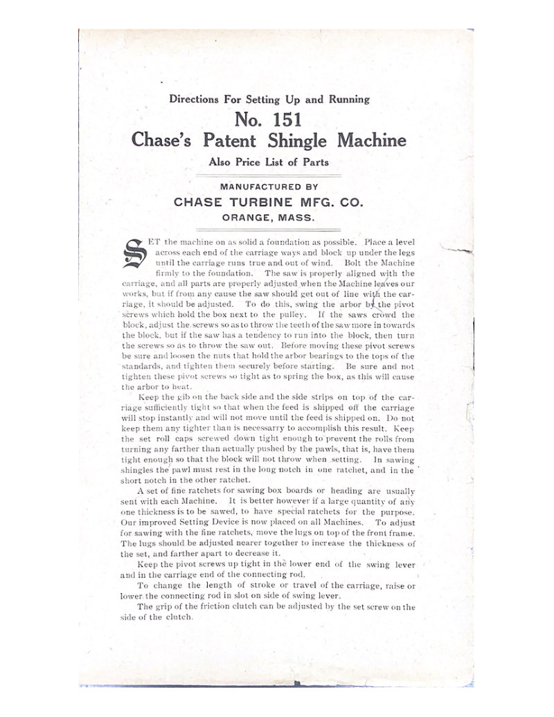 Chase No. 151 Shingle Machine Setup Manual