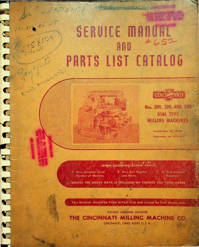 Cincinnati 200-500 Dial Milling Machines Service Manual
