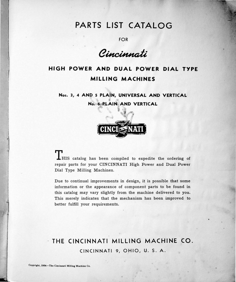 Cincinnati Dial Type Milling Machines Parts List