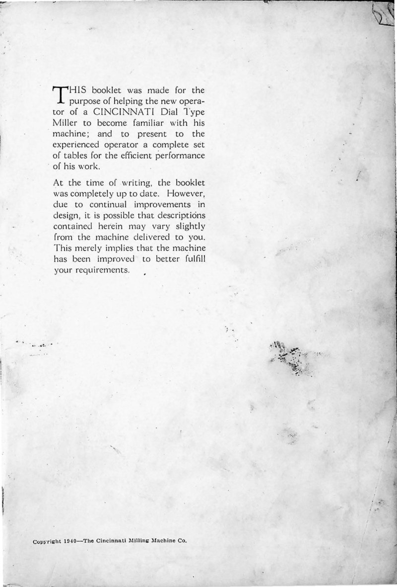 Cincinnati Dial Type Milling Machines Operator's Manual