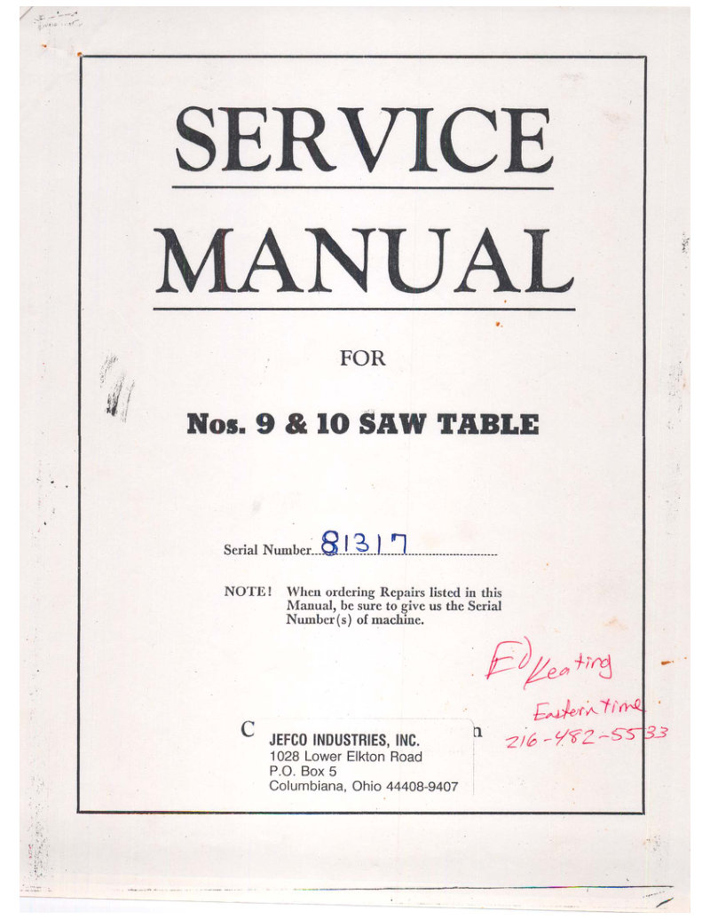 No. 9 & 10 Saw Table Service Manual