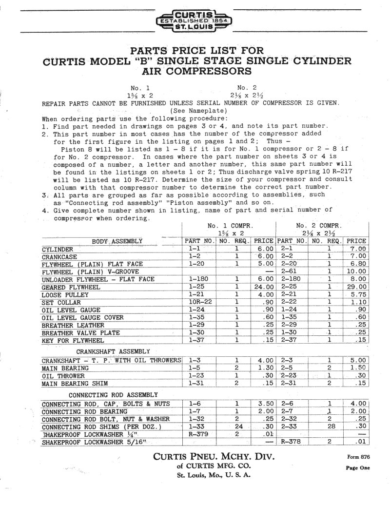 Curtis Model B Air Compressor Parts List