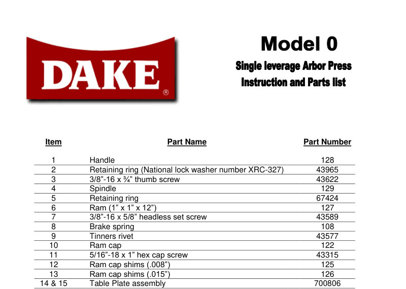 Dake Model 0 Arbor Press Parts List