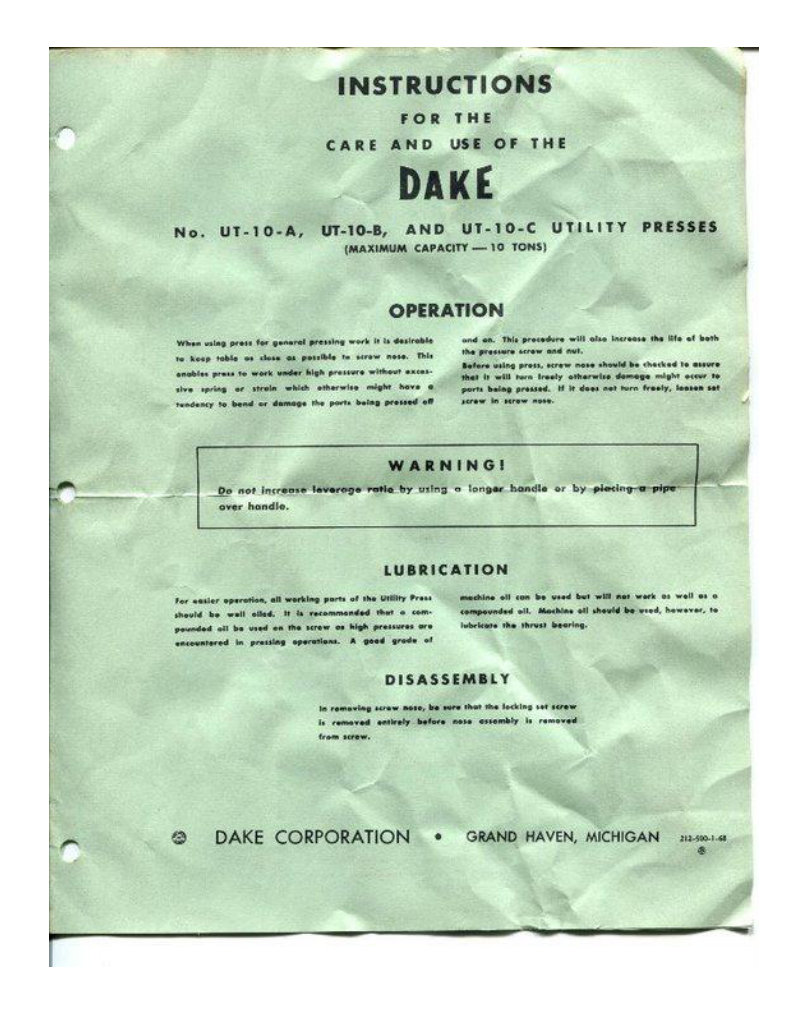 Dake UT-10 Utility Presses Owner's Manual