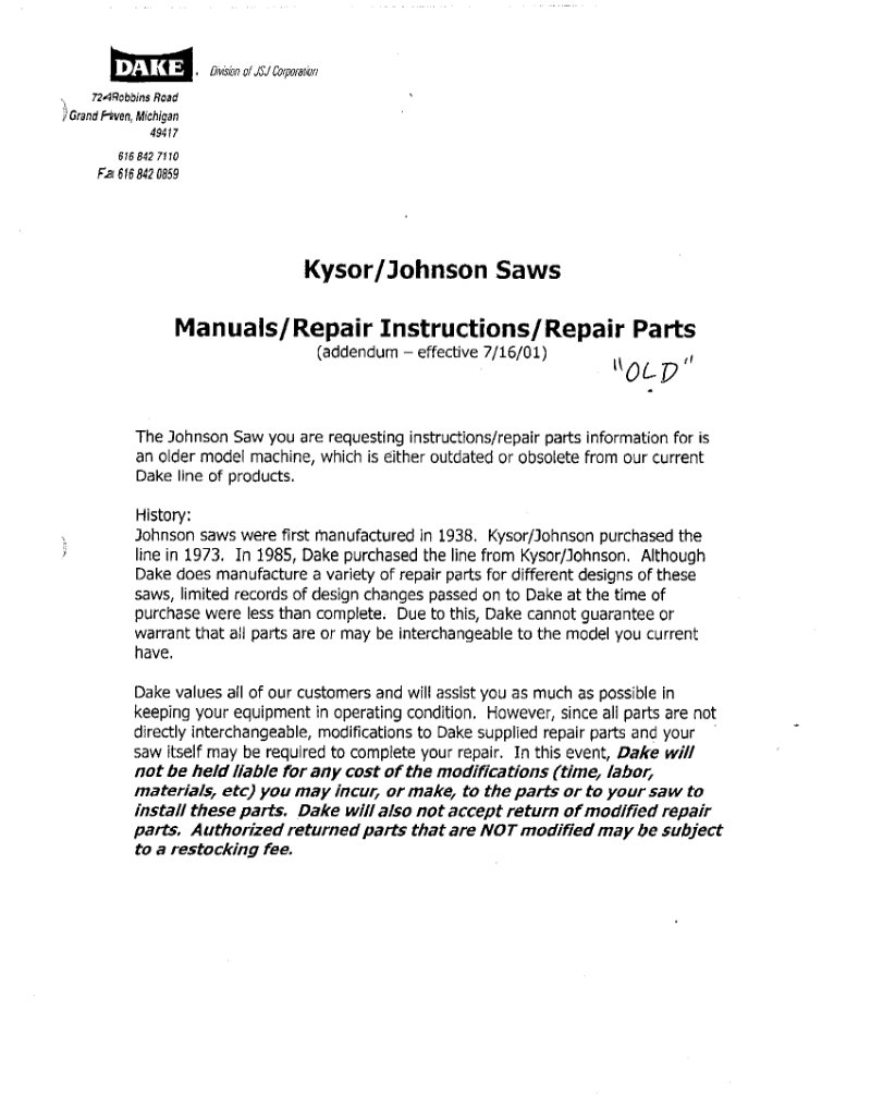 Johnson Model J-Series Bandsaw Service Manual