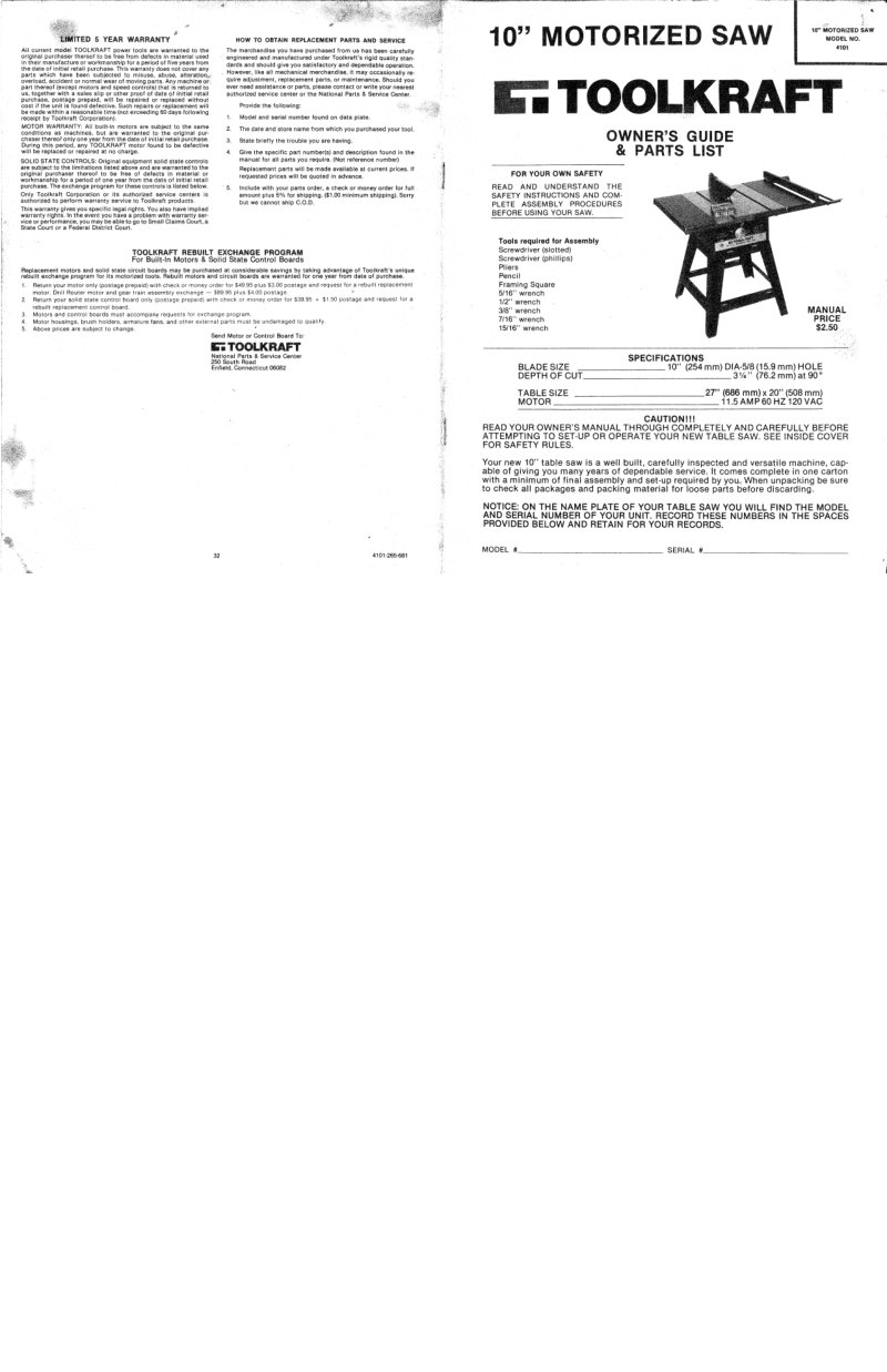 10" Motorized Saw Model 4101 Owner's Manual