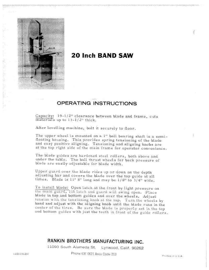 20 Inch Band Saw Parts List Operating Manual