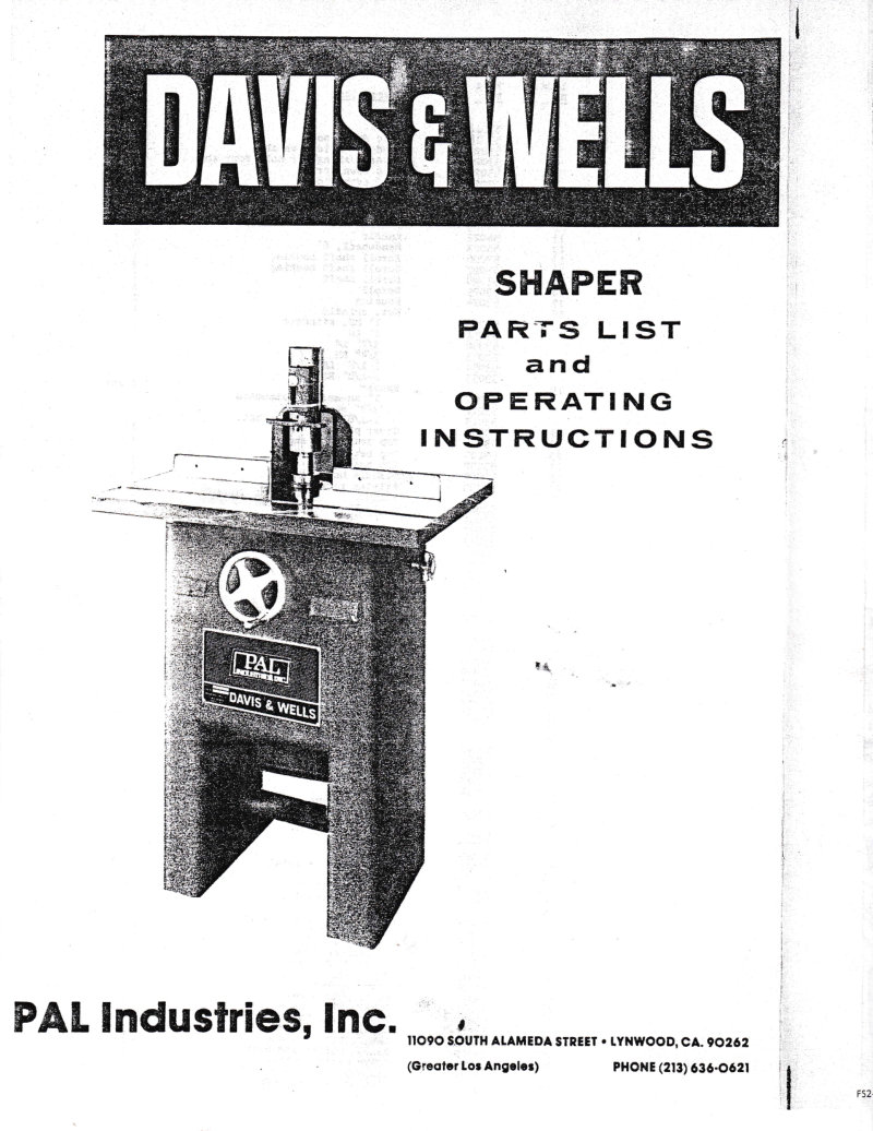 Davis & Wells Shaper Parts List and Operating