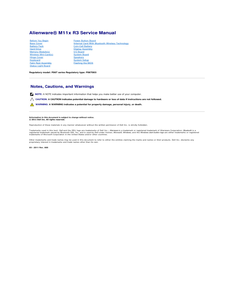 Alienware M11x R3 Service Manual