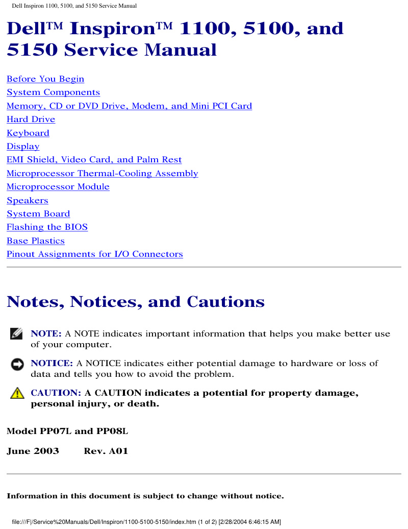 Dell Inspiron 1100, 5100, and 5150 Service Manual