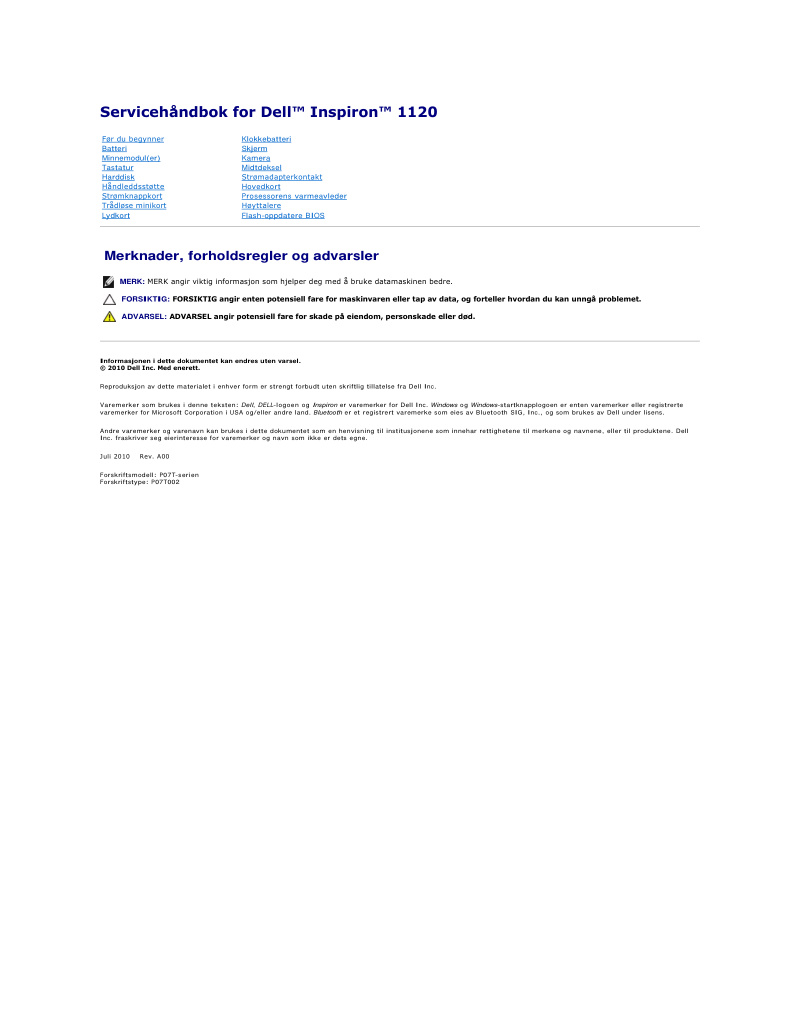 Dell Inspiron 1120 Service Handbook