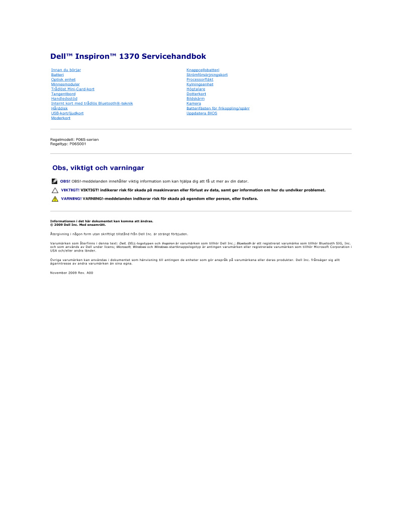 Dell Inspiron 1370 Service Handbook
