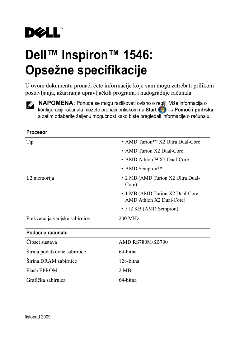 Dell Inspiron 1546: Comprehensive Specifications