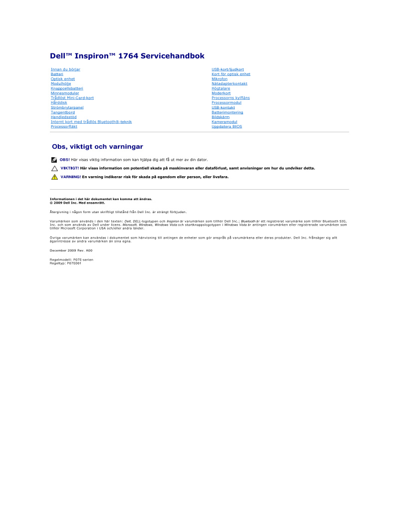Dell Inspiron 1764 Service Handbook