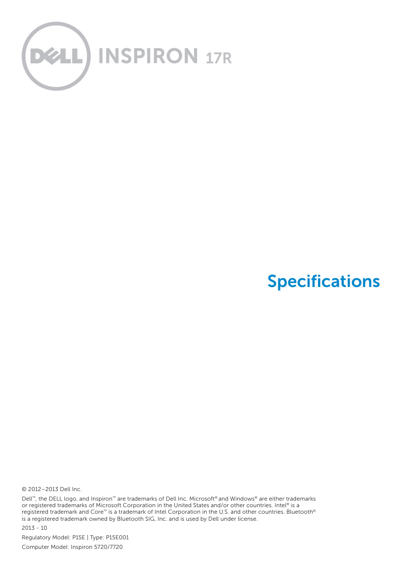 Dell Inspiron 17R 5720/7720 Specifications