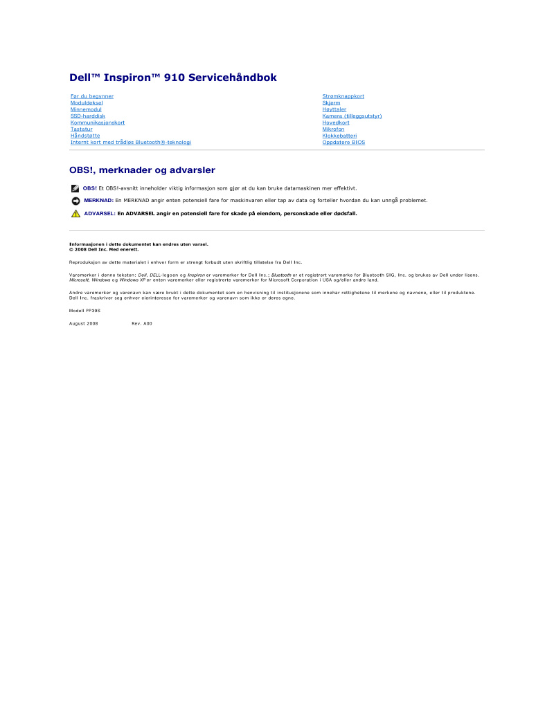 Dell Inspiron 910 Service Manual