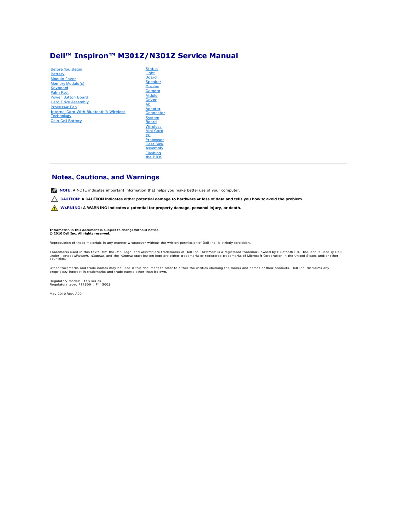 Dell Inspiron M301Z/N301Z Service Manual