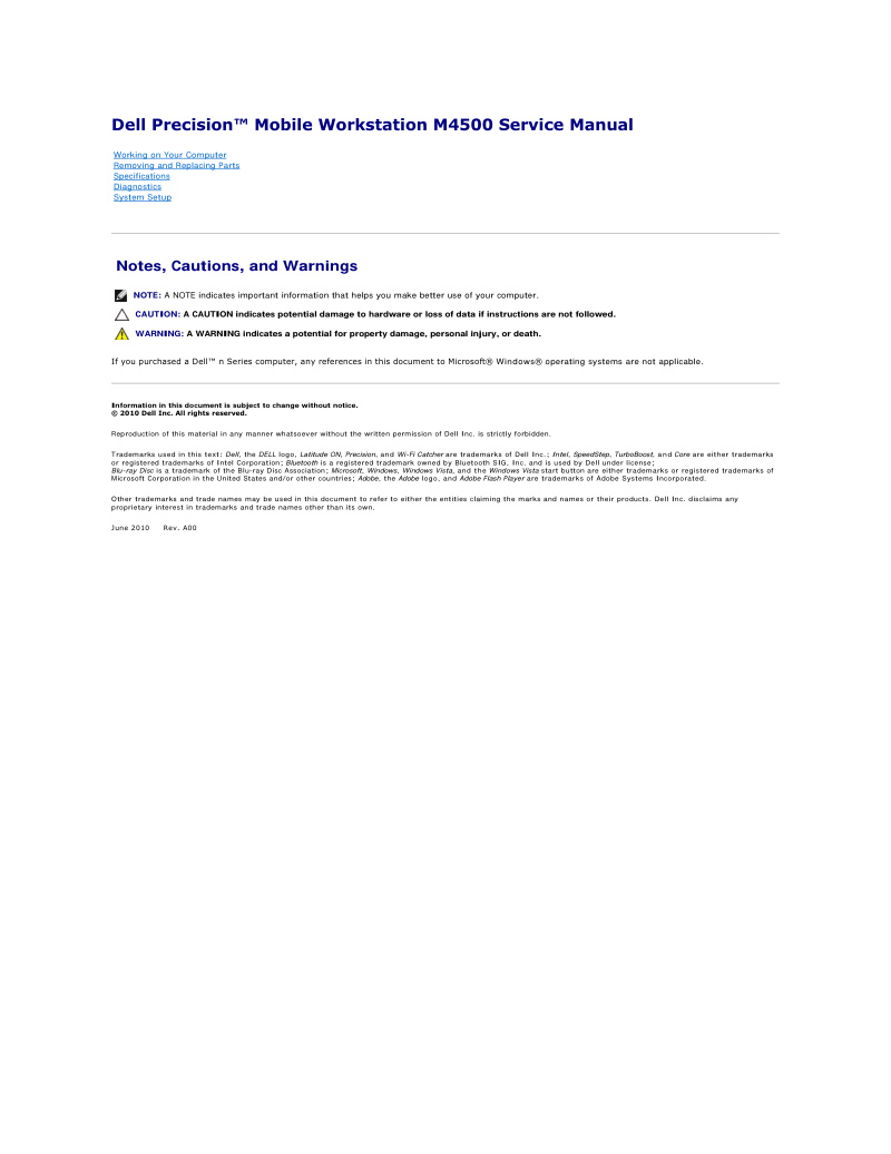 Dell Precision M4500 Mobile Workstation Service Manual