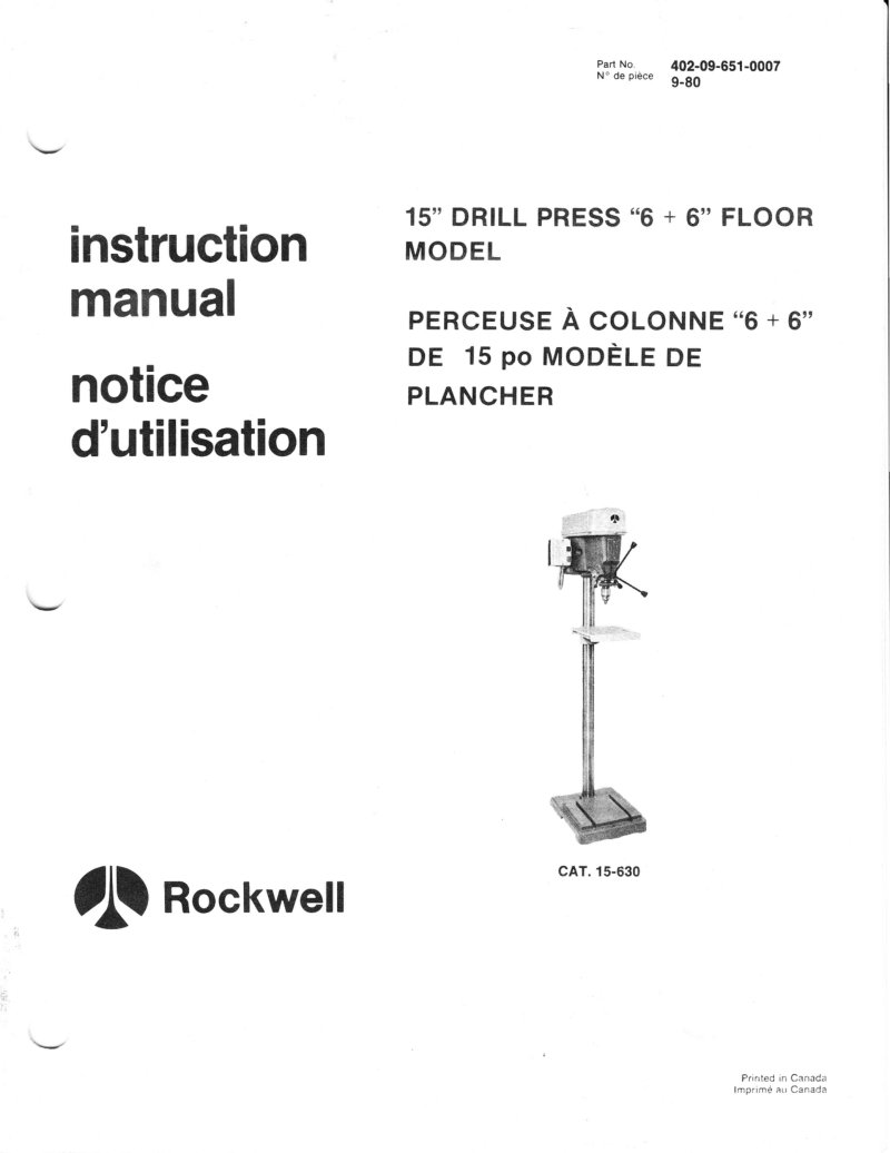 15 inch Drill Press 6+6 Floor Model Instruction Manual