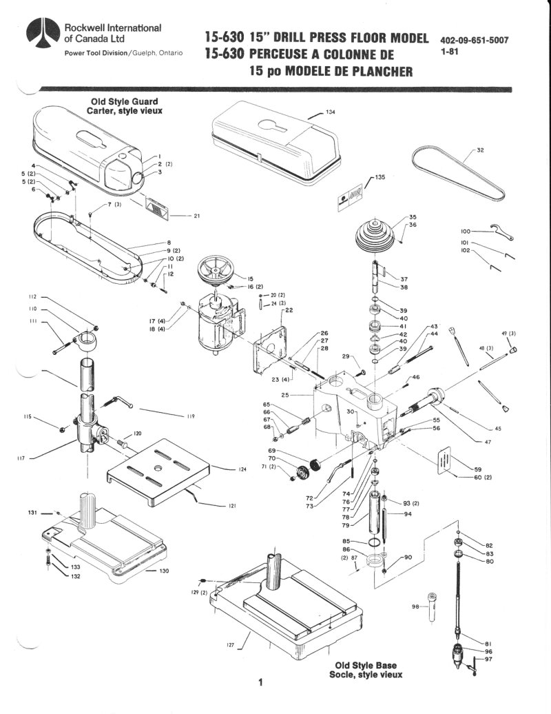 15-630 Drill Press Parts List