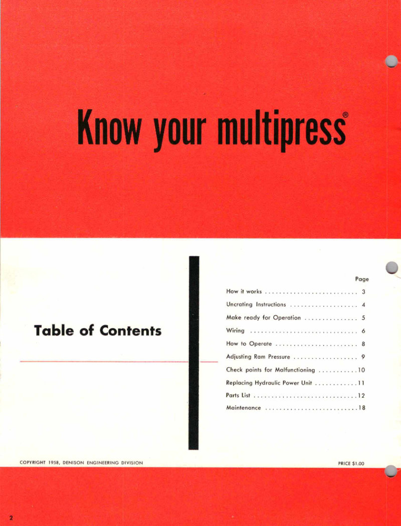 Denison Multipress 1-2 Ton Model-A Service Manual