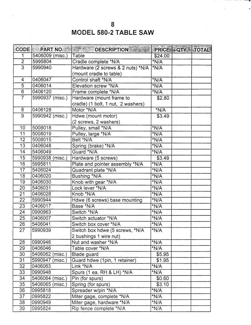 Dremel 580-2 Table Saw Parts List