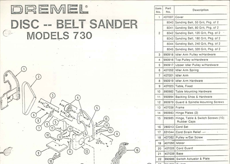 Dremel 730 Disc-Belt Sander Parts List