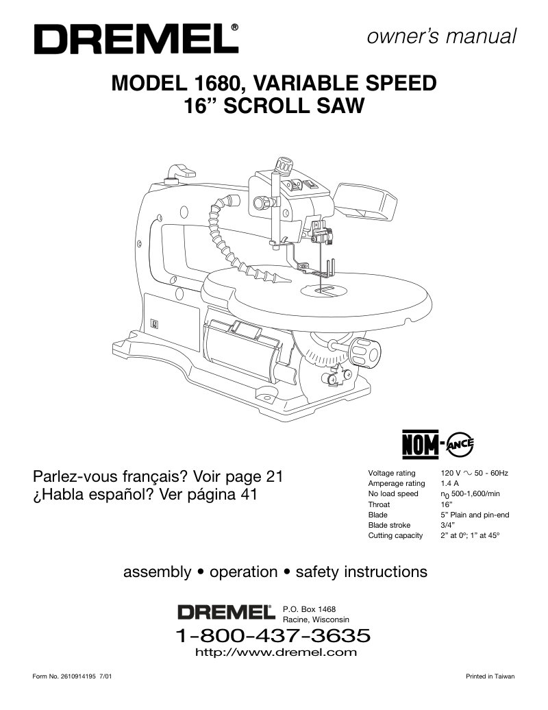 Dremel Model 1680 16" Scroll Saw Owner's Manual