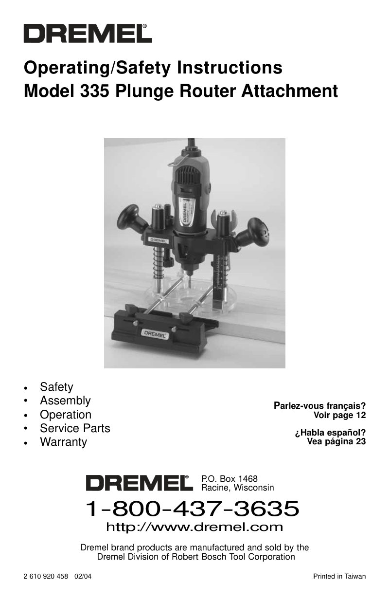 Model 335 Plunge Router Attachment Owner's Manual