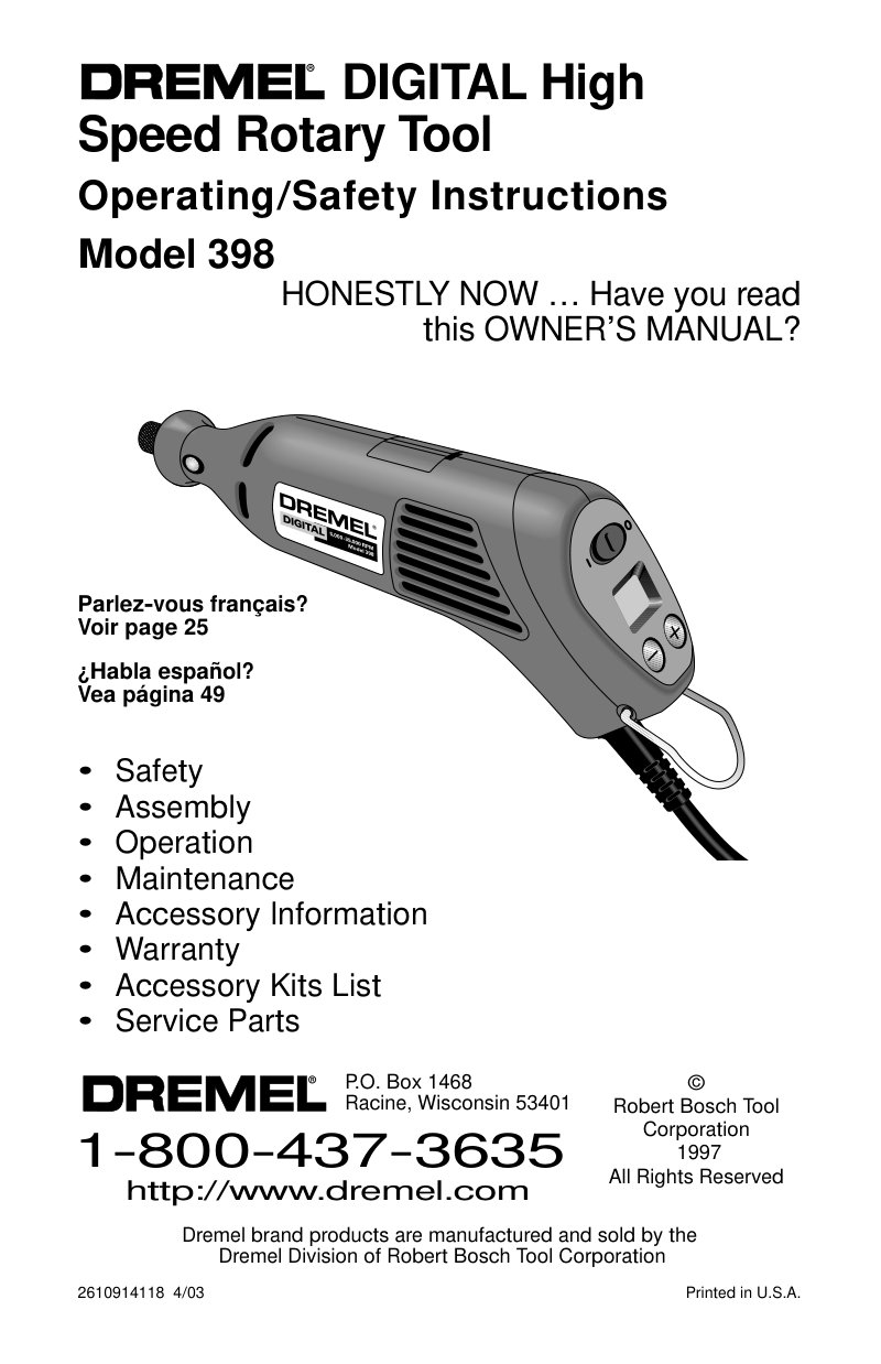 Dremel 398 Digital Rotary Tool Owner's Manual