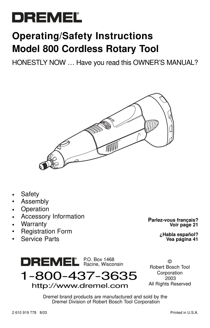 Dremel 800 Cordless Rotary Tool Owner's Manual