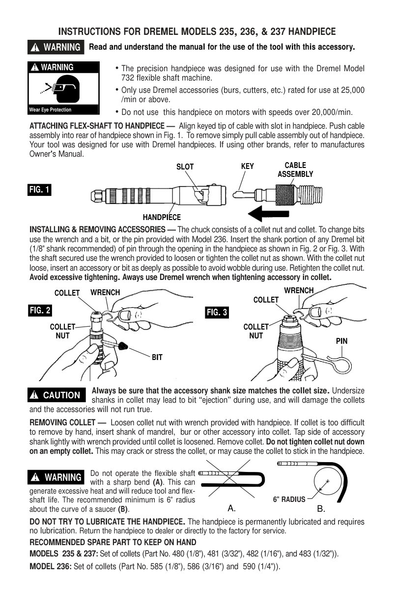 Dremel 235, 236, 237 Handpiece Owner's Manual