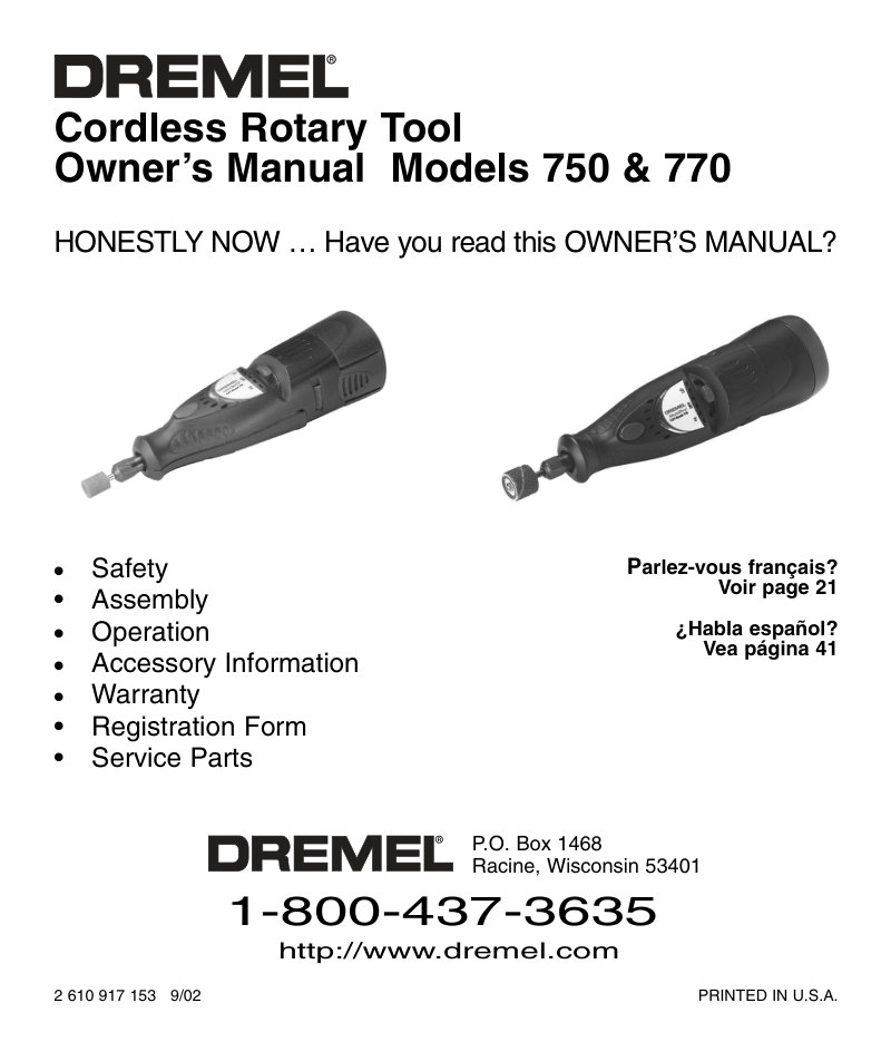 Dremel 750 & 770 Cordless Rotary Tool Owner's Manual
