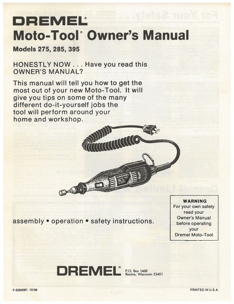 Dremel Moto-Tool Models 275, 285, 395 Owner's Manual