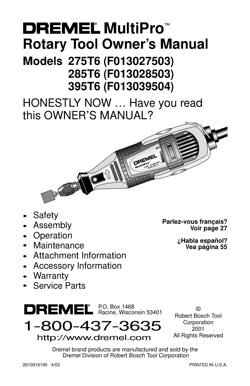 Dremel MultiPro 275T6/285T6/395T6 Owner's Manual