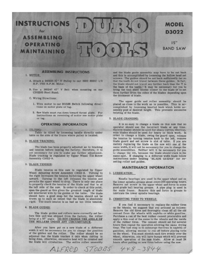 Duro D3022 15" Bandsaw Owner's Manual