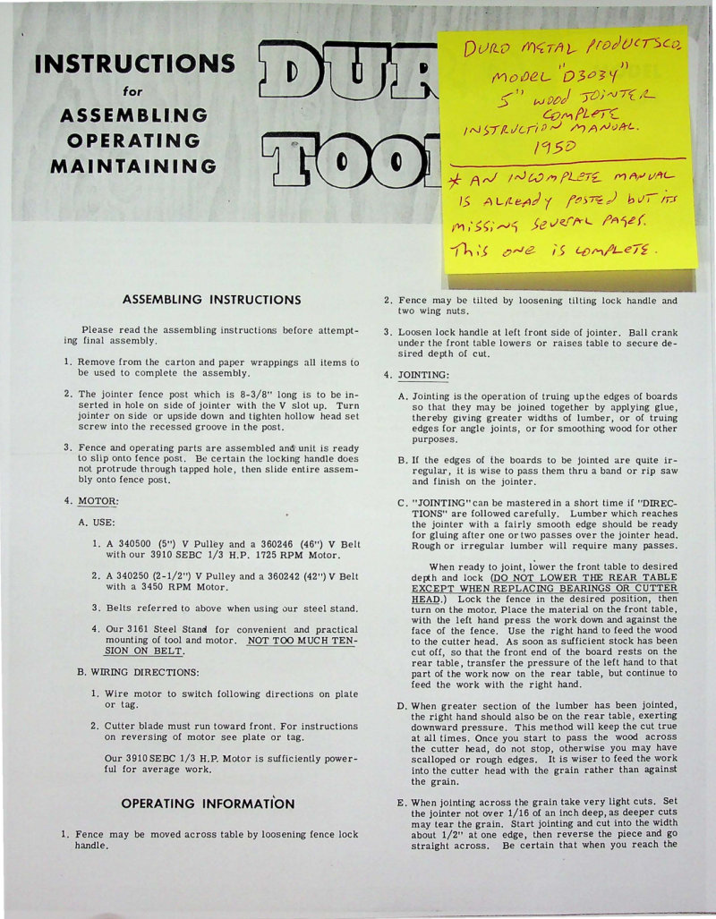 Duro D3034 5 inch Wood Jointer Owner's Manual