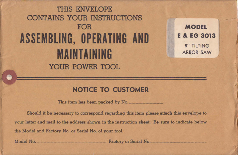 E & EG 3013 8" Arbor Saw Owner's Manual