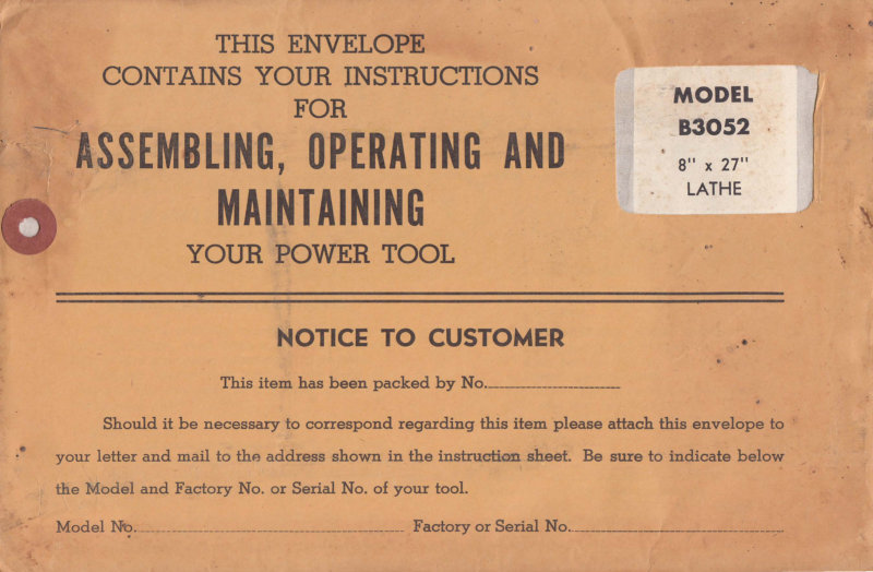 B3052 8x27 Lathe Owner's Manual