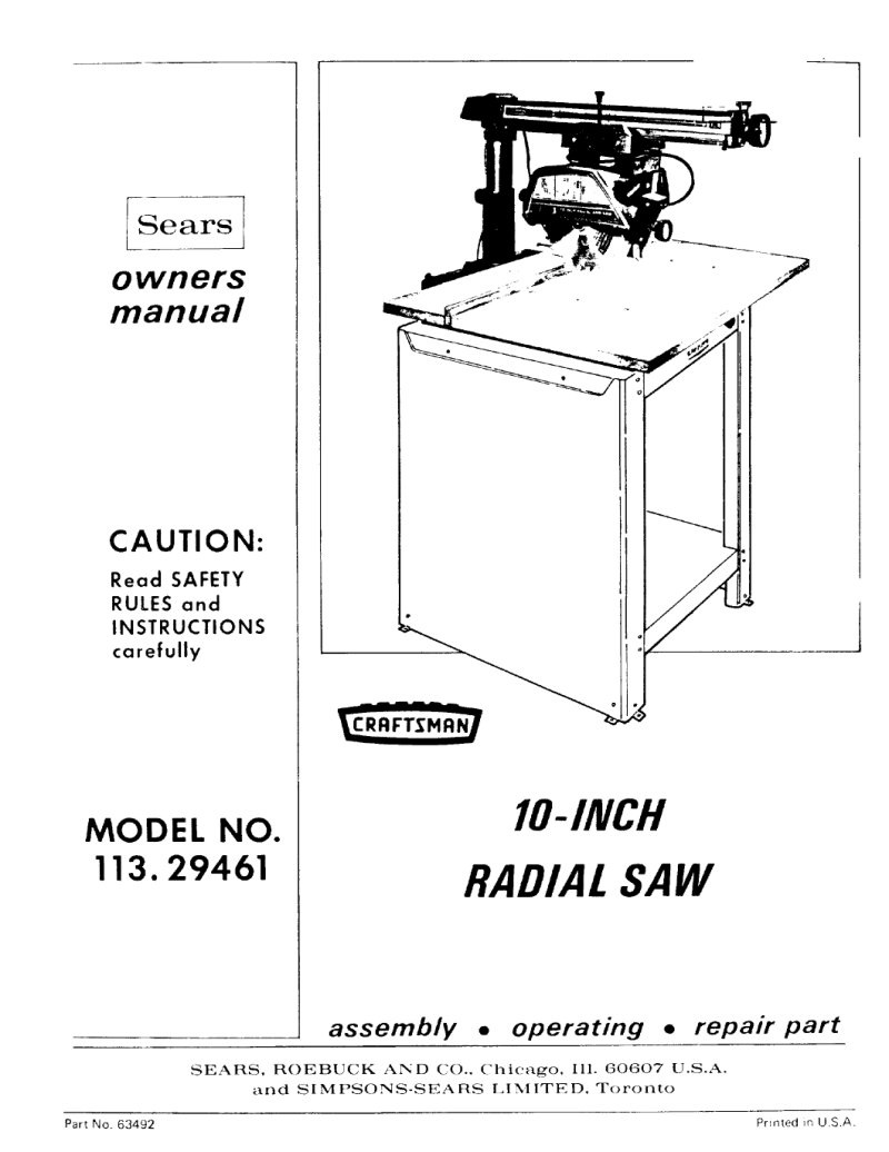 Craftsman 113.29461 10-Inch Radial Saw Owner's Manual
