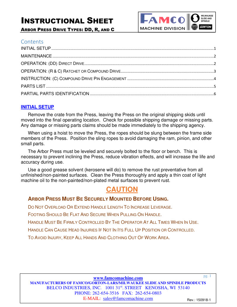 Arbor Press Drive Types DD, R, C Service Manual