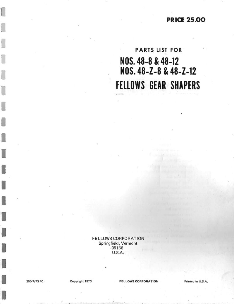 Parts List for Fellows Gear Shapers 48-8/12