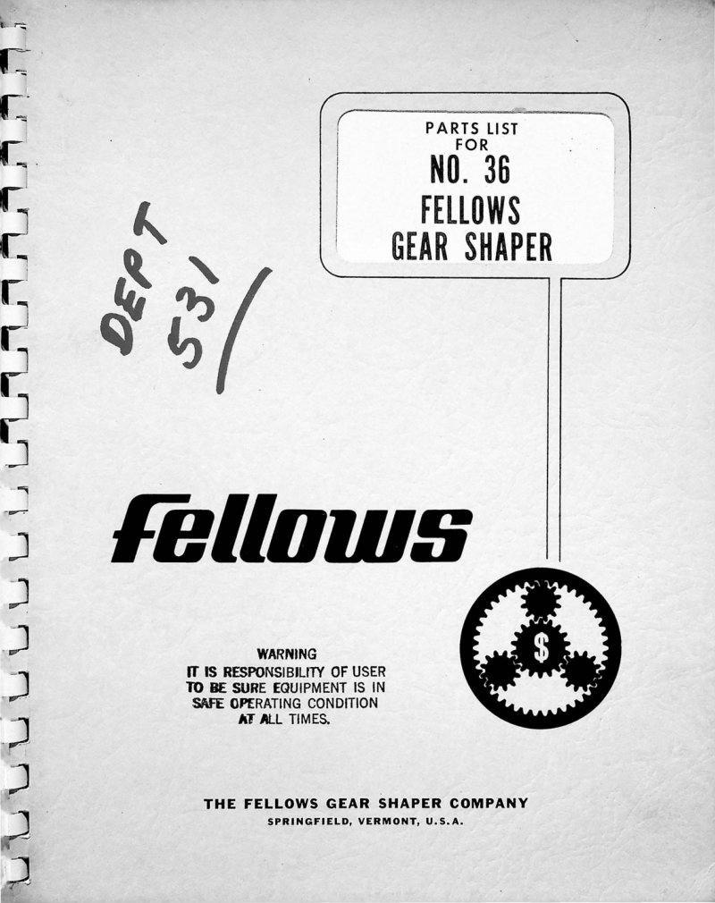 No. 36 Fellows Gear Shaper Parts List